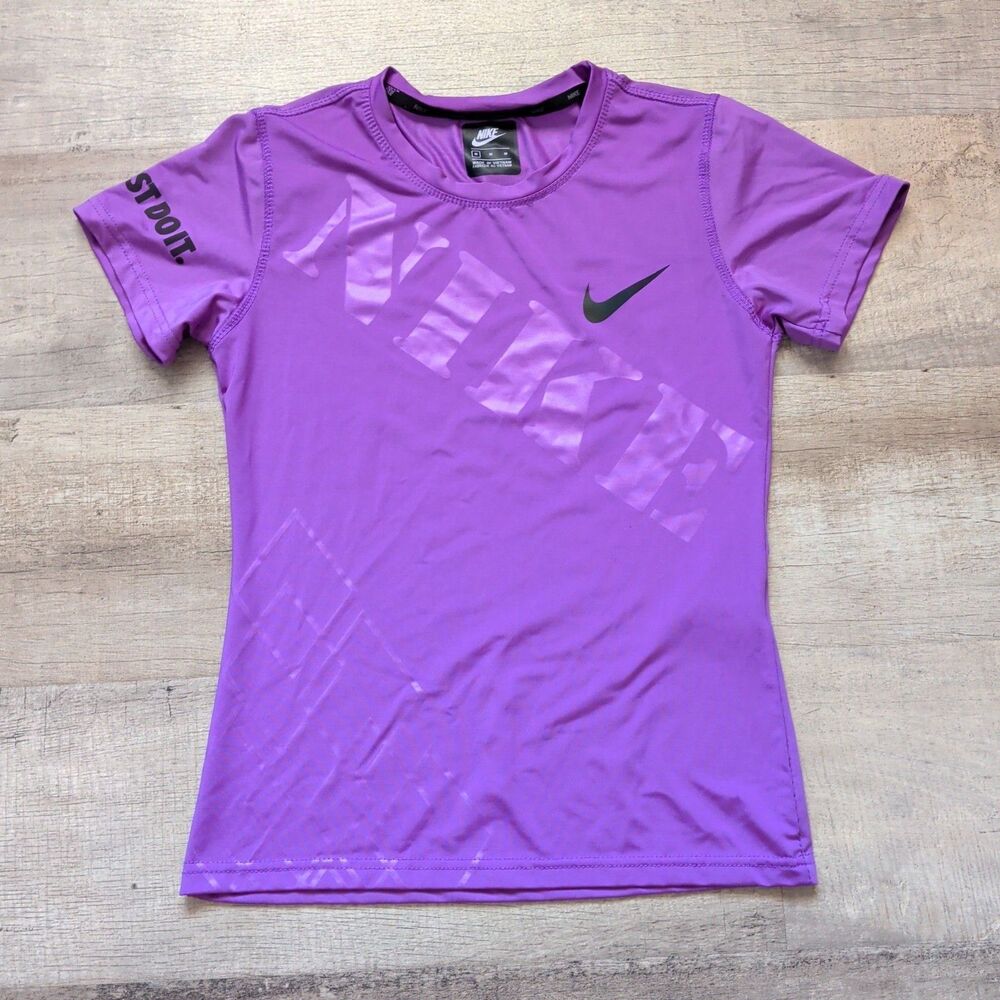Nike Pro Girls Medium M Purple Short Sleeve Shirt Dri Fit Compression Just Do It
